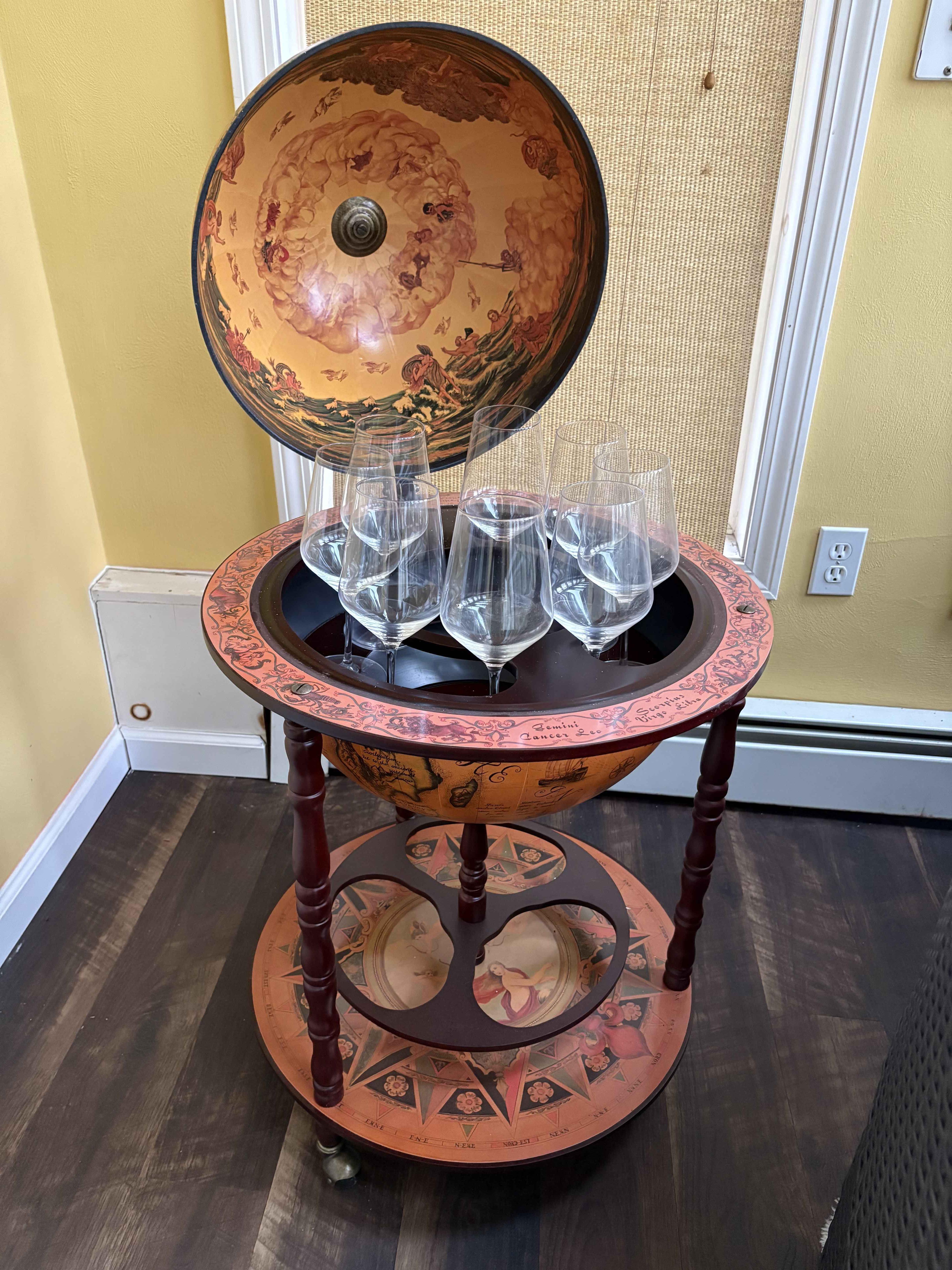 Vintage Folk Art Bar Globe with Glasses